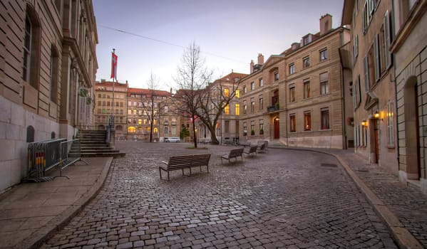 View on Bourg Saint-Pierre place by sunset, old city in Geneva, Switzerland (HDR)