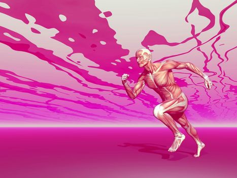 Realistic side view of man muscles running in pink background