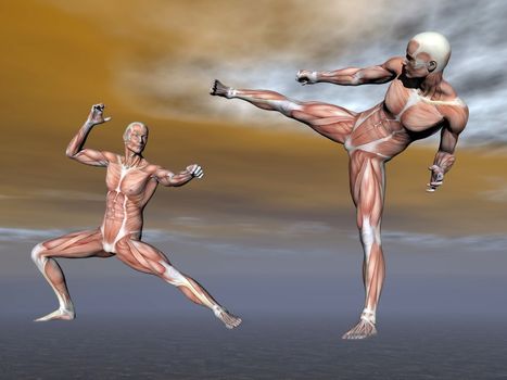 Realistic side view of two male muscles fighting in cloudy background
