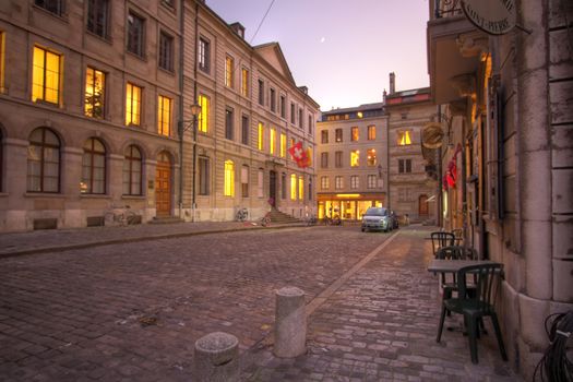 Street in old city of Geneva at sunset, Switzerland (HDR)