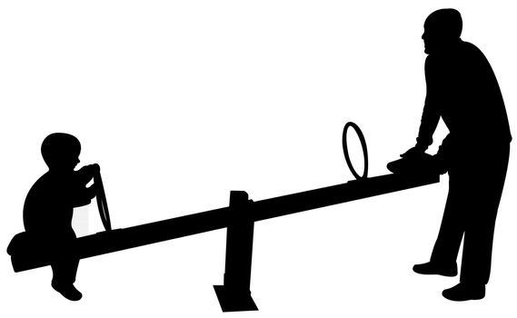 father and boy playing, seesaw, silhouette vector