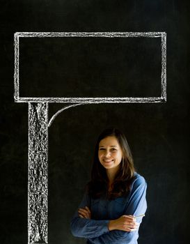 Businesswoman, teacher or student with chalk road advertising sign blackboard background