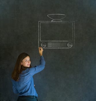 Businesswoman, teacher or student with with chalk tv television on blackboard background