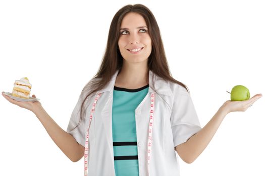 Woman nutritionist comparing dietary options, isolated on white background.