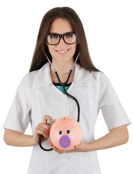 Woman doctor checking how healthy a piggy bank is, isolated on white background.