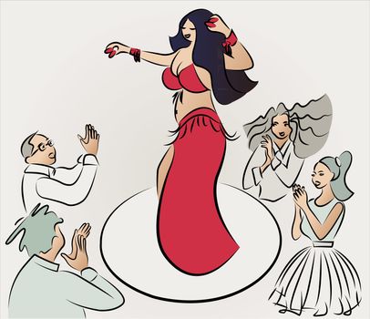 belly dancer performing , audiences clapping, vector