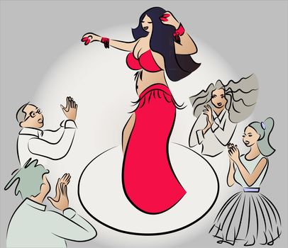 belly dancer performing , audiences clapping, vector