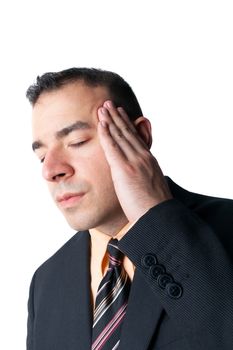 Stressed out business man isolated over a white background worried or depressed about finances and difficult economic times.