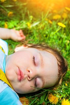 Closeup portrait of a little baby boy sleeping outdoors on grass.