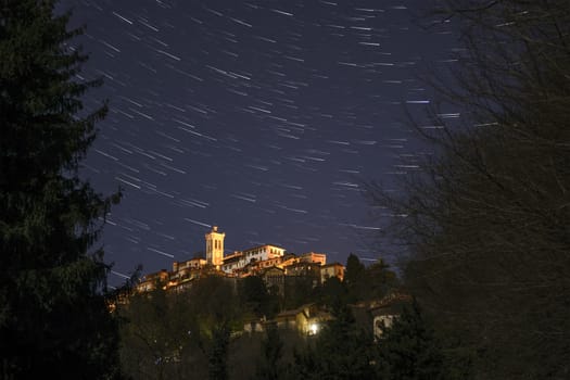 Sacred Mount of Varese and star trails, night view