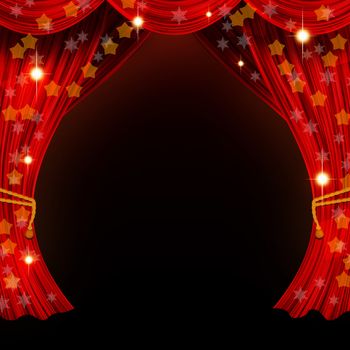 Christmas open curtain. Red fabric, stars and snowflakes