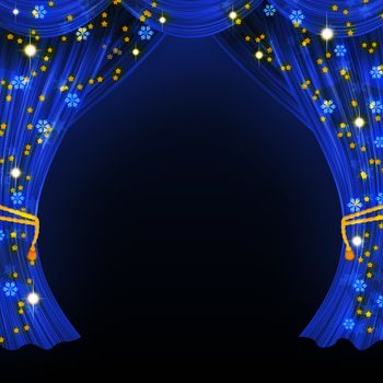 Christmas open curtain. Blue fabric, stars and snowflakes