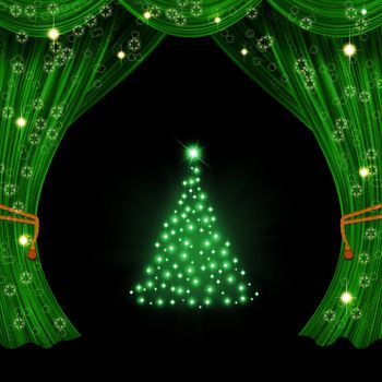 Christmas open curtain. Green fabric, stars, snowflakes and tree