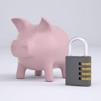 Combination lock and pink piggy bank. Render on a gray background