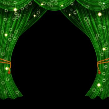 Christmas open curtain. Green fabric, stars and snowflakes