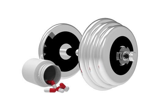 Dumbbell with vial of pills, on white background, 3D render