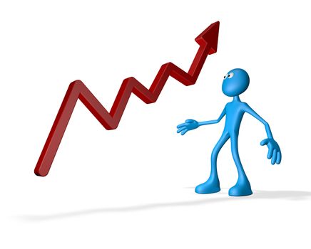 cartoon guy and business graph arrow - 3d illustration