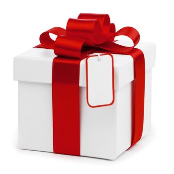 Gift in white box with red satin bow isolated on white