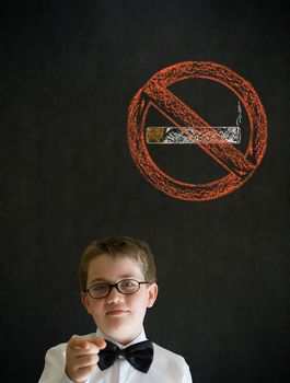 Education needs you thinking boy dressed up as business man with no smoking chalk sign on blackboard background