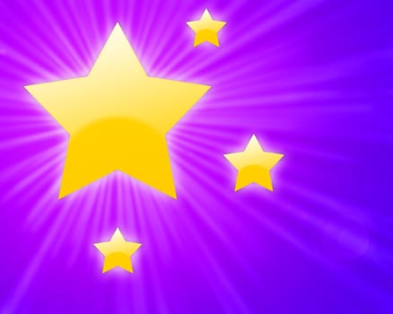 Yellow shining stars with light rays on a purple pink gradient background