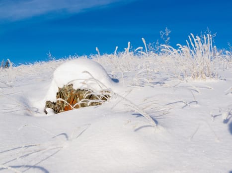 Barren tundra hill serene snow-covered winter landscape scene of rocky hillside under blue sky