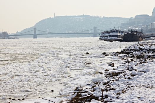 Ice sheets float on the river Danube