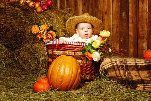 Little girl in straw hat sitting in a wicker basket near pumpkins