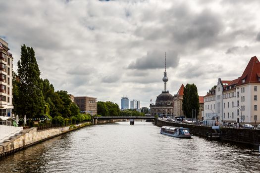 View on River Spree Embankment and Berlin TV Tower, Germany
