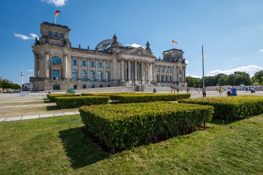 Frontal View of Reichstag Building in a Summer Day with Blue Sky, Berlin, Germany
