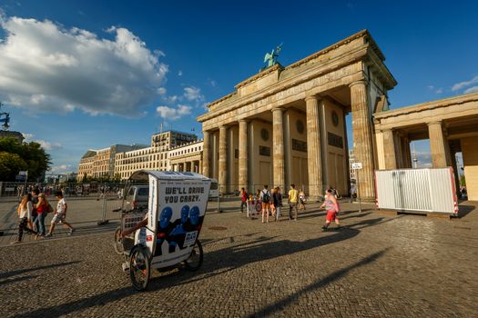 BERLIN, GERMANY - AUGUST 24: The Brandenburger Tor (Brandenburg Gate) is the ancient gateway to Berlin on August 24, 2013. It was rebuilt in the late 18th century as a neoclassical triumphal arch.