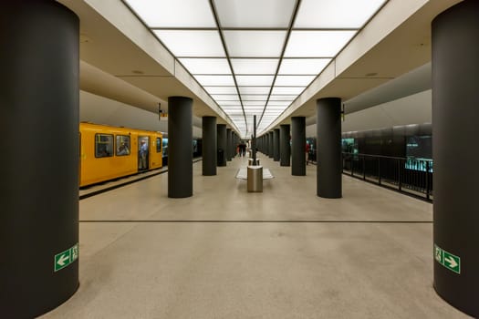BERLIN - AUGUST 24: Bundestag Subway Station (U-Bahn Station) on August 24, 2013 in Berlin, Germany. The Berlin U-Bahn was opened in 1902 and serves 170 stations spread across ten lines, with a total track length of 151.7 kilometres.