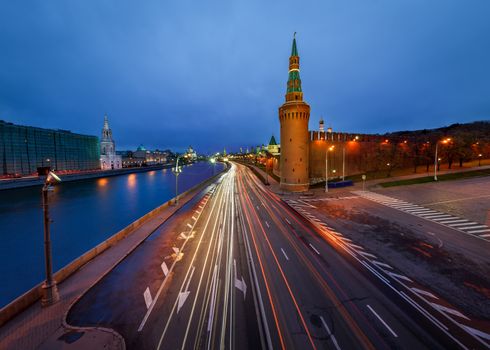 Beklemishevskaya Tower and Moscow Kremlin Embankment at Dusk, Russia