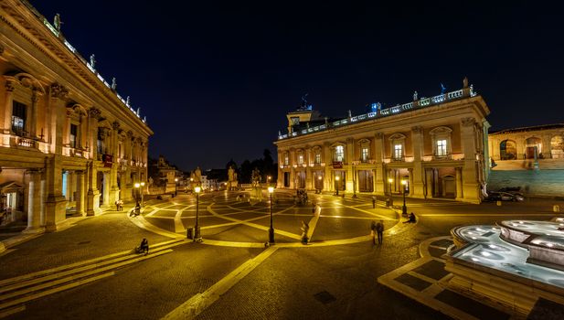 Panorama of Piazza del Campidoglio on Capitoline Hill with Palazzo Senatorio and Equestrian Statue of Marcus Aurelius, Rome, Italy