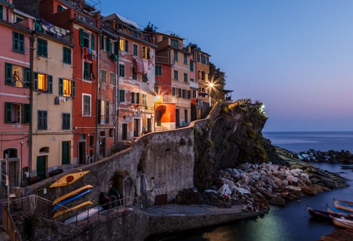 Village of Riomaggiore in Cinque Terre Illuminated at Night, Italy