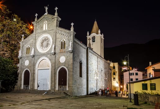 Illuminated Church in the Village of Riomaggiore at Night, Cinque Terre, Italy