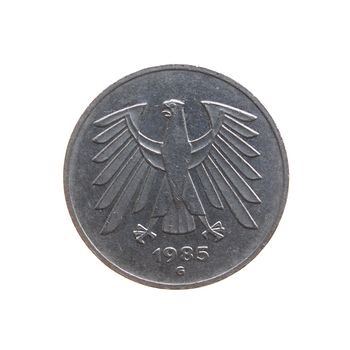 Five Deutsche Mark coin isolated over a white background