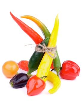 Bunch of Various Chili Peppers with Rawit, Fresno, Orange and Red Habanero, Green Jalapeno, Red and Black Santa Fee and Dutch Chili isolated on white background