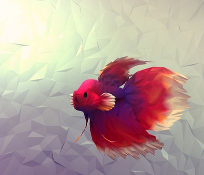 Fight fish in water 3d render computer graphic illustration in mosaic flat surface style. Wallpaper with betta siamese red, white and violet exotic fish in aquarium.