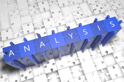 Analysis - puzzle 3d render illustration with block letters on blue jigsaw pieces 