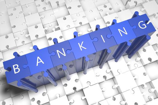 Banking - puzzle 3d render illustration with block letters on blue jigsaw pieces 