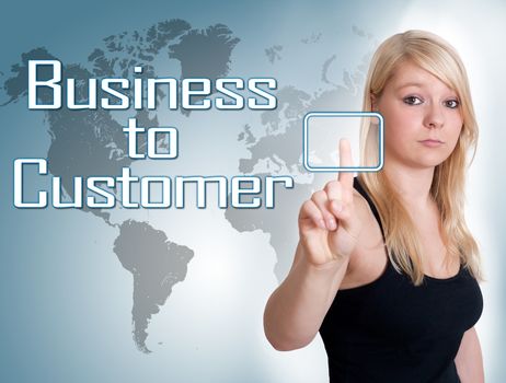 Young woman press digital Business to Customer button on interface in front of her