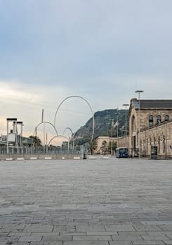 Barcelona, Spain - November 11, 2013: View at Olympic rings in front of Port in Barcelona, Spain.