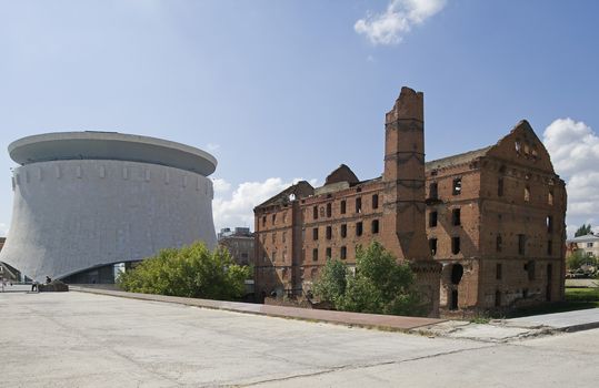 Ruins of old mill in Volgograd, memory of World War II, and Museum-panorama "Stalingrad fight"