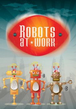 Three hand drawn illustrative robots set against a city scape background on a portrait format with text set above spelling Robots at Work.