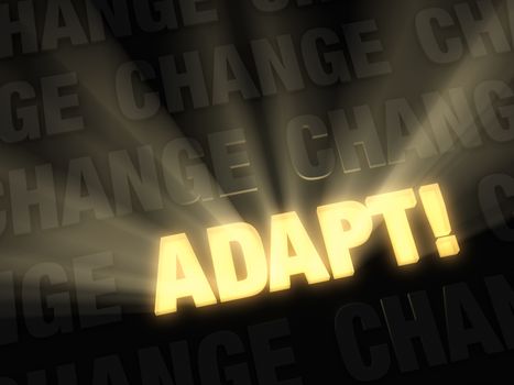 Brilliant light rays burst from a glowing, gold "ADAPT!" on a dark, gray background of "CHANGE"
