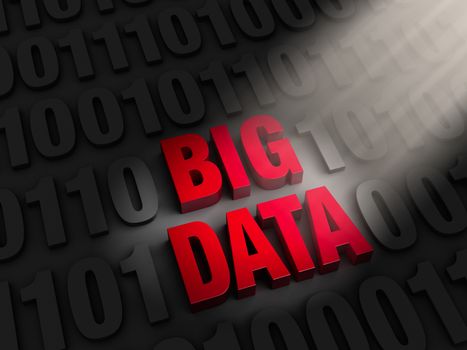 A spotlight illuminates bold, red "BIG DATA" on a dark background of "1"s and "0"s.