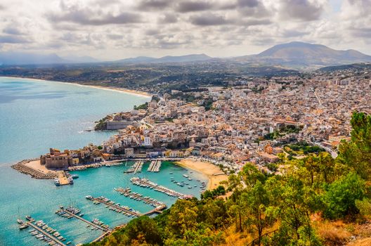 Scenic landscape view of Trapani town and harbor, Sicily, Itay