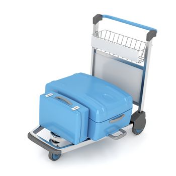 Airport trolley with blue suitcases on white background