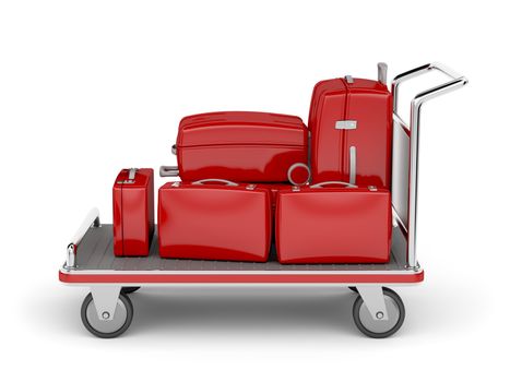 Airport luggage cart with red suitcases on white background