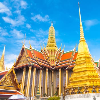 Thailand, Bangkok, The Wat Phra Kaew ( Temple of the Emerald Buddha), famous for golden pagoda.